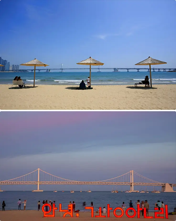Day and sunset scenery at Gwangalli Beach in Busan